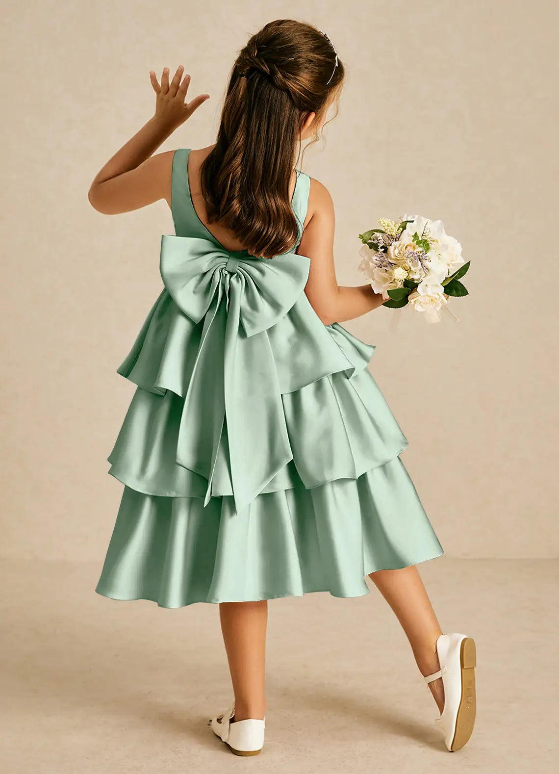 Sleeveless Round V-Back Big Self-Tie Bow Multi-Layer Ruffle Sage Green Satin Midi Flower Girl Dresses