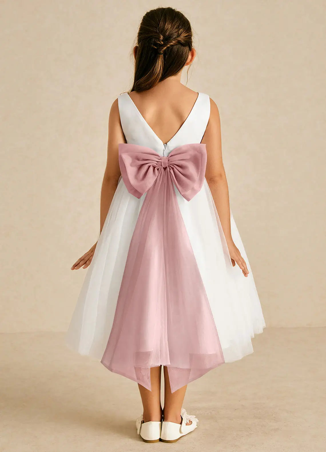 Sleeveless Round V Back Dusty Pink Sash Giant Contrast Tulle Bow White Tulle Midi Flower Girl Dresses