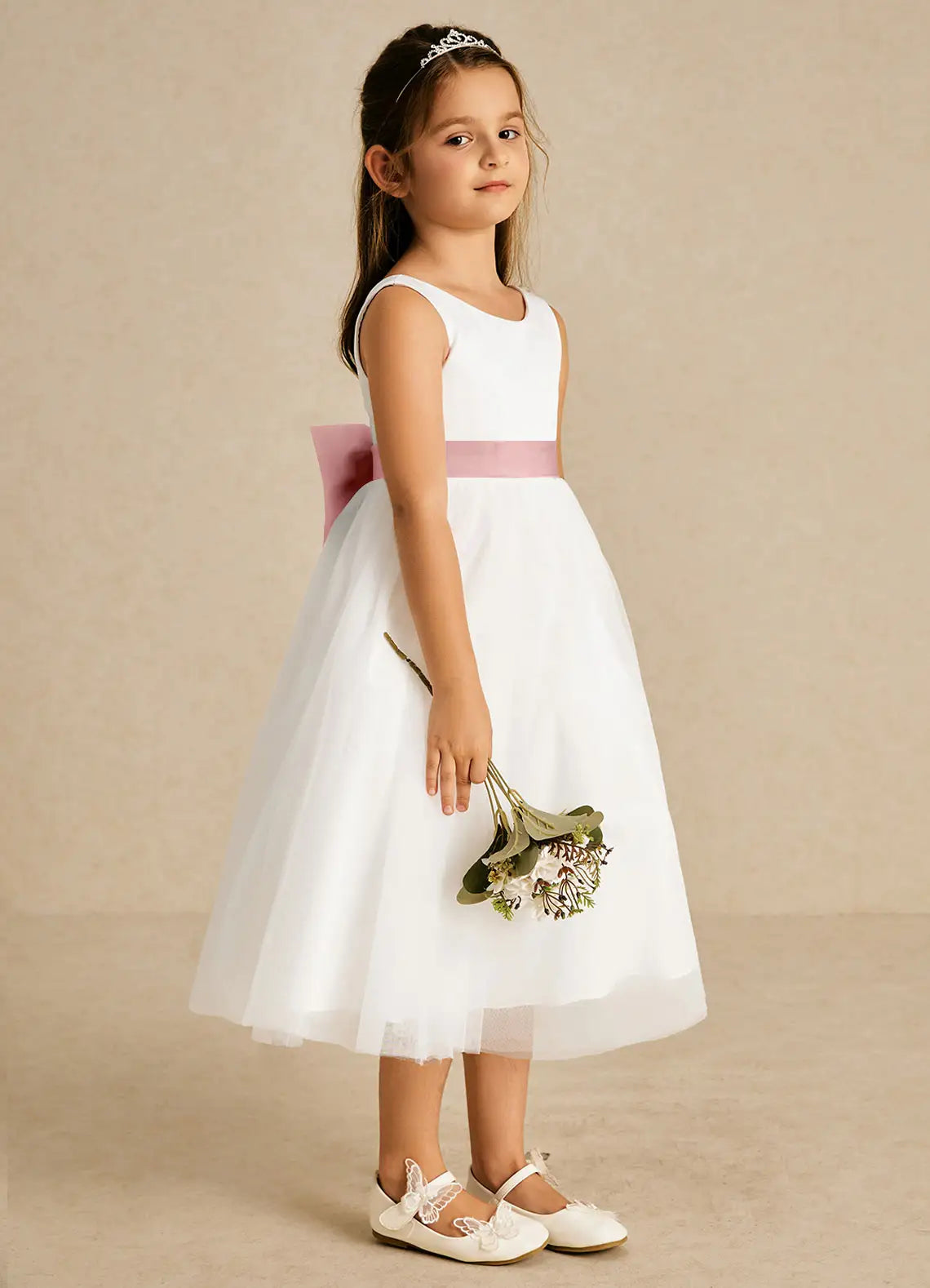 Sleeveless Round V Back Dusty Pink Sash Giant Contrast Tulle Bow White Tulle Midi Flower Girl Dresses