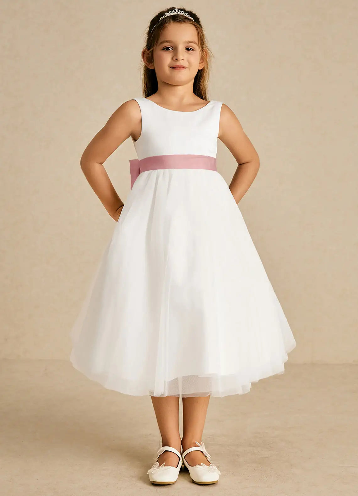 Sleeveless Round V Back Dusty Pink Sash Giant Contrast Tulle Bow White Tulle Midi Flower Girl Dresses