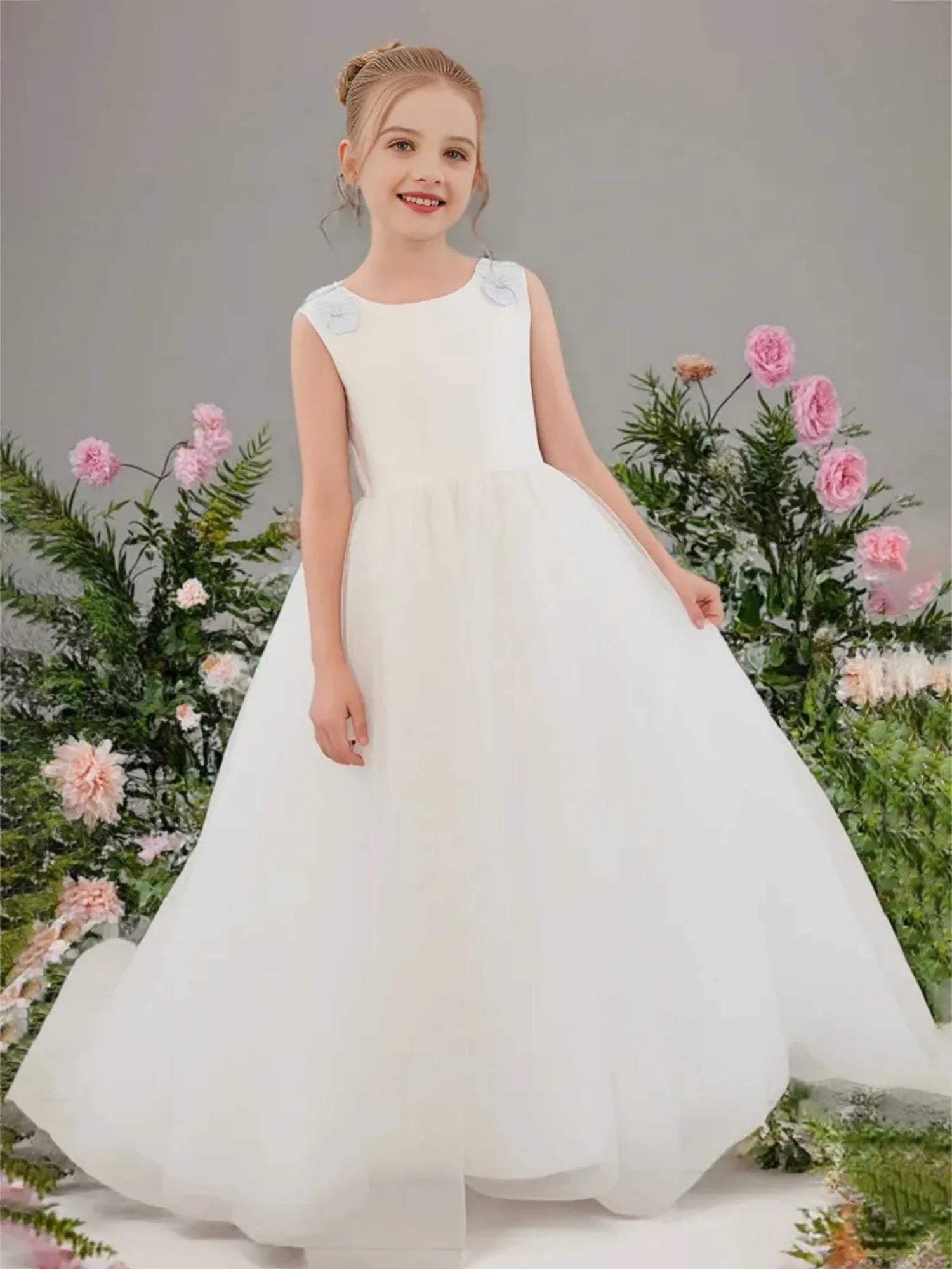Sleeveless Round V Back Floral Lace Shoulder Light Blue Sash Big Bow White Floor Length Flower Girl Dresses