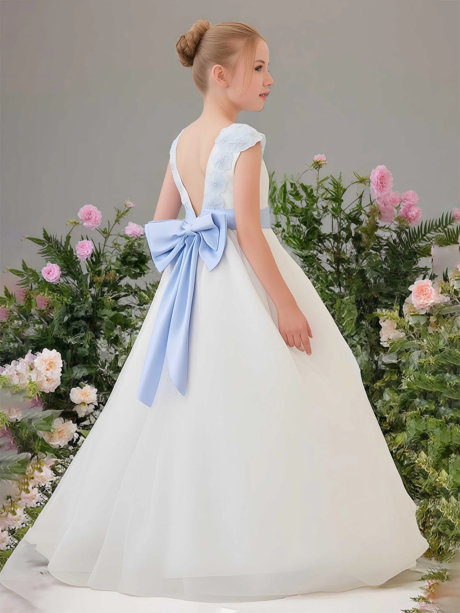 Sleeveless Round V Back Floral Lace Shoulder Light Blue Sash Big Bow White Floor Length Flower Girl Dresses
