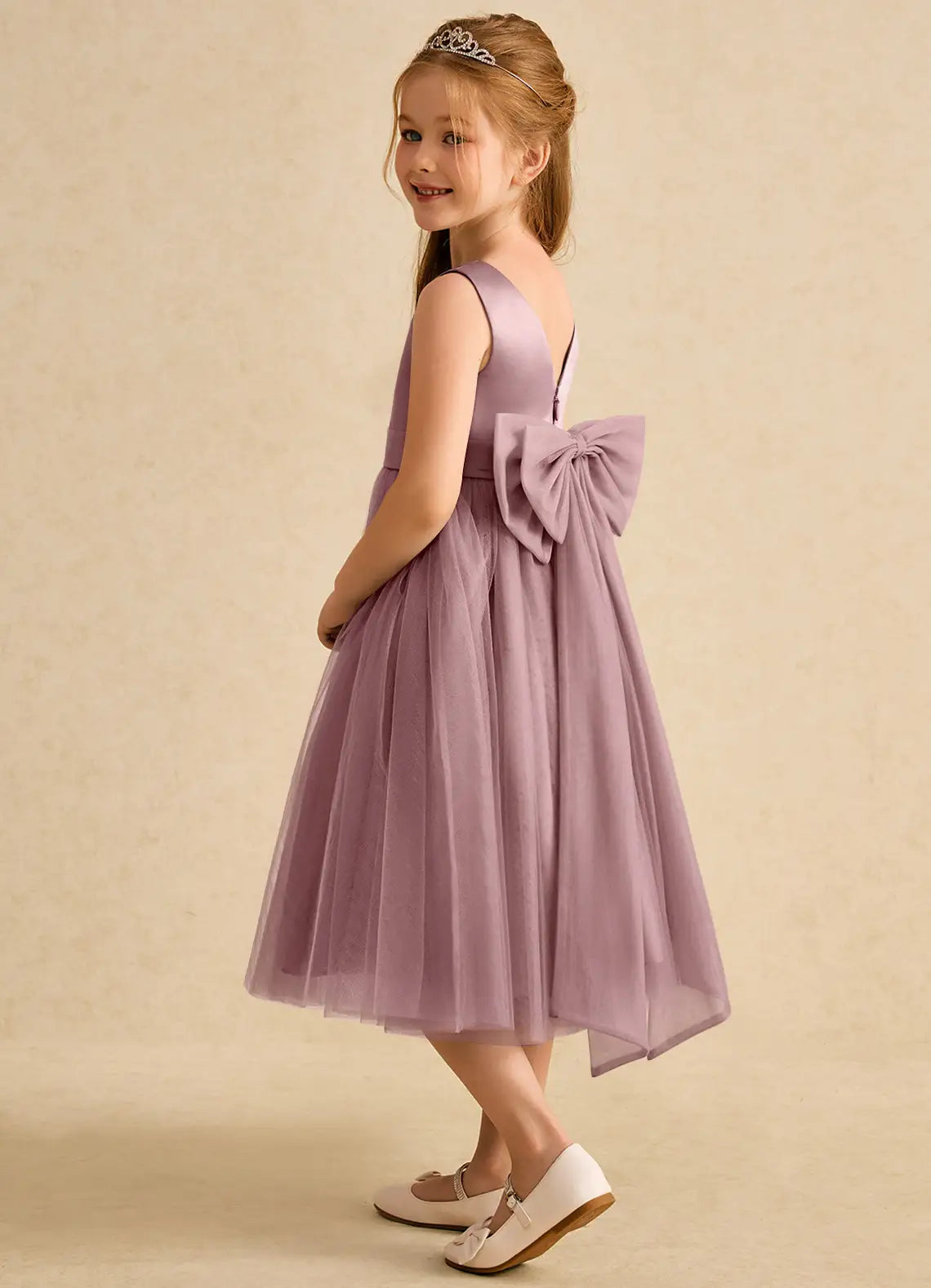 Sleeveless Round V Back Giant Satin Bow Dusty Purple Tulle Midi Asymmetrical Hem Flower Girl Dresses