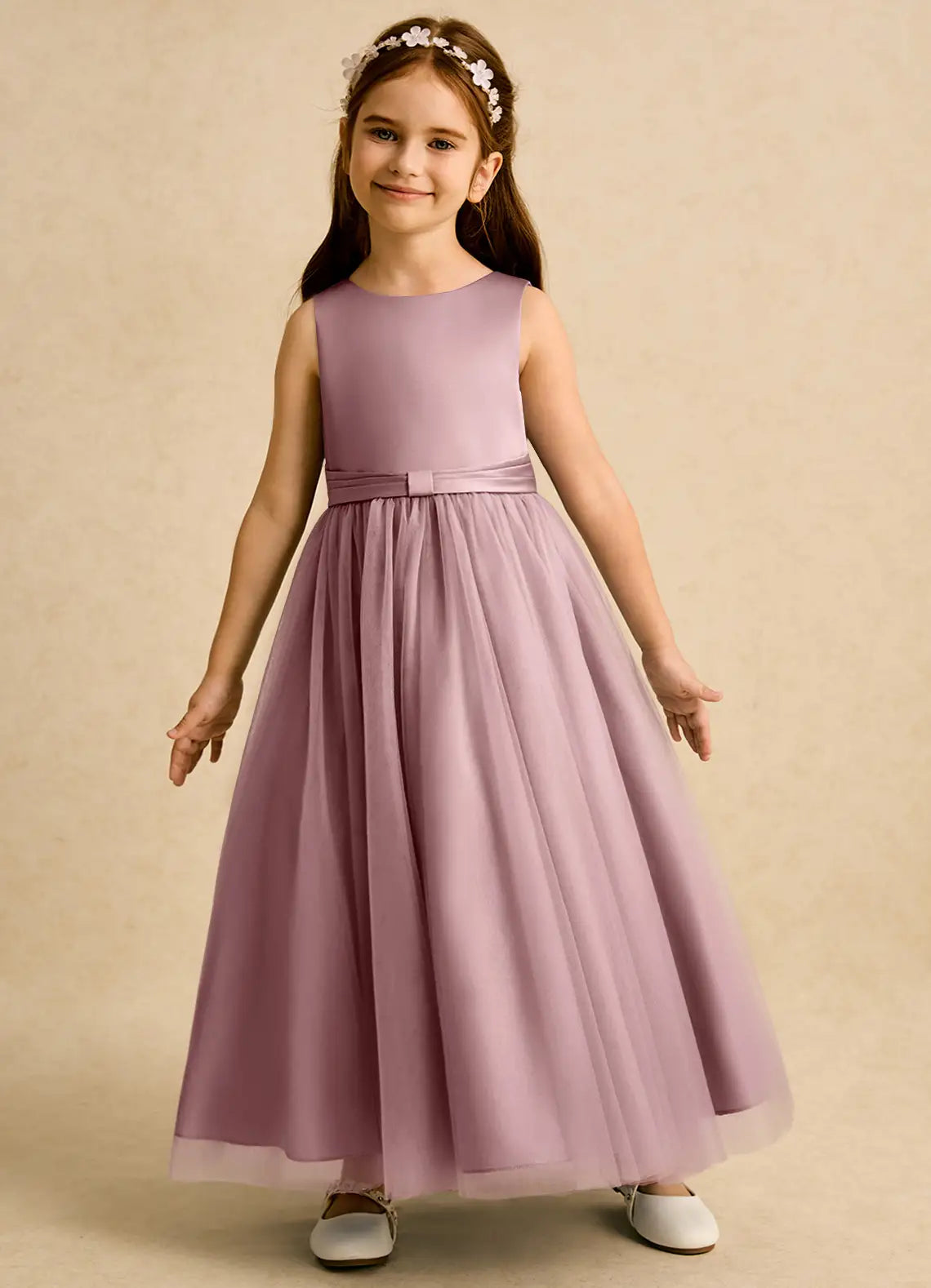 Sleeveless Round V Back Giant Satin Bow Cascading Ruffle Dusty Purple Tulle Full-Length Flower Girl Dresses