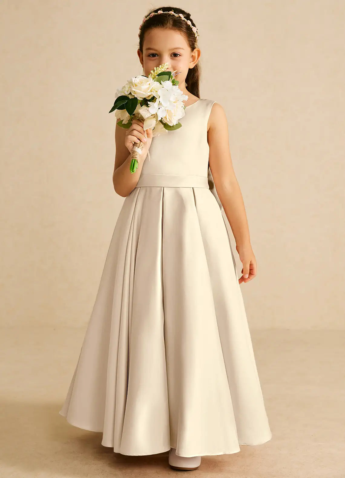 Sleeveless Round V Back Giant Satin Bow Ivory Satin Full-Length Flower Girl Dresses