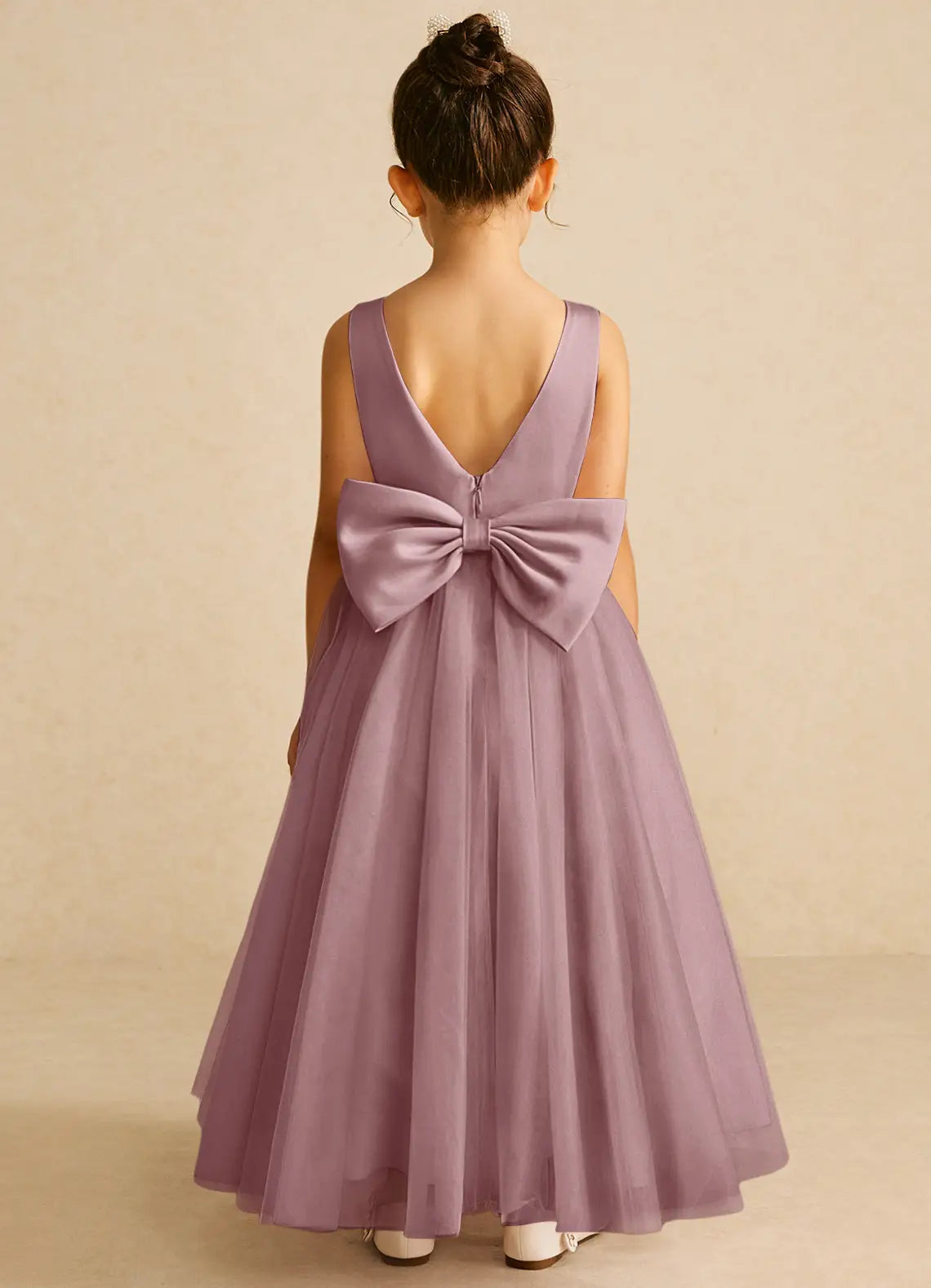 Sleeveless Round V Back Giant Satin Bow Layered Ruffle Train Dusty Purple Tulle Long Flower Girl Dresses