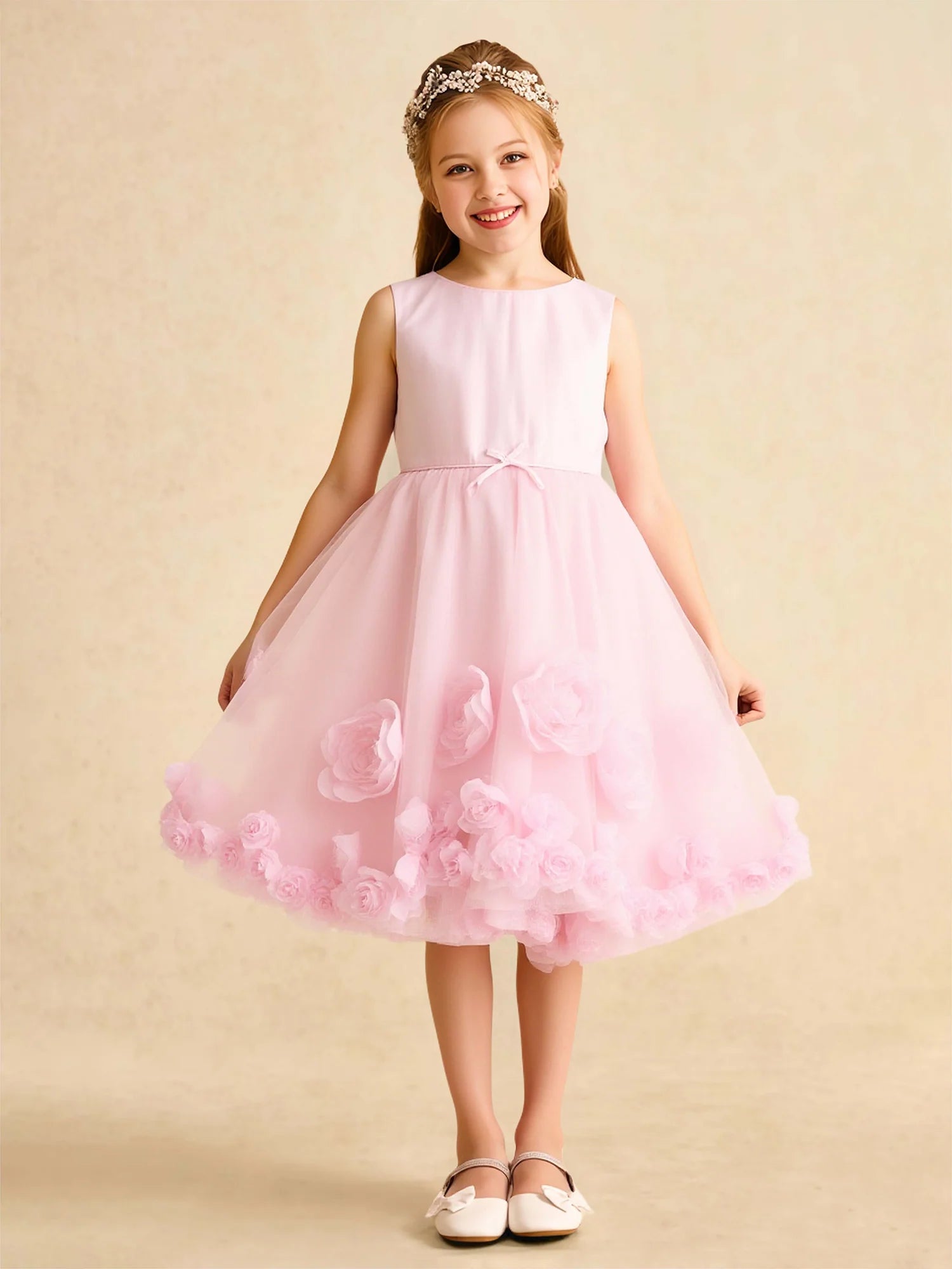 Sleeveless Round V Back Mini Waist Bow 3D Rose Pink Tulle Knee Length Flower Girl Dresses