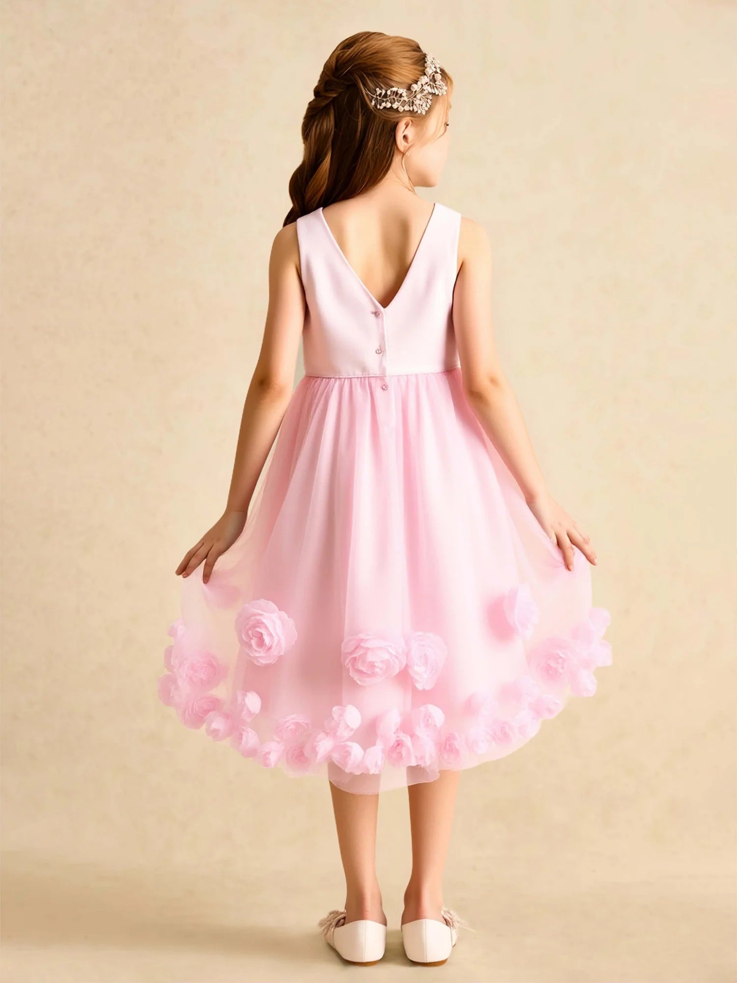 Sleeveless Round V Back Mini Waist Bow 3D Rose Pink Tulle Knee Length Flower Girl Dresses