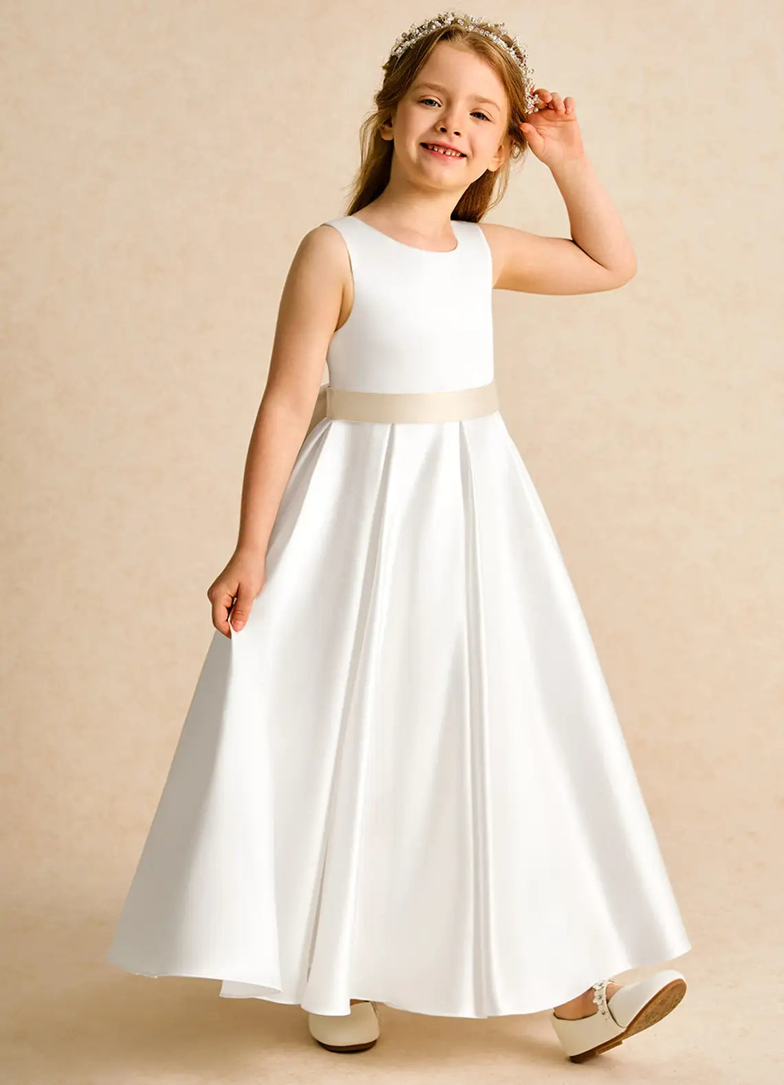 Sleeveless Round V Back Champagne Sash Giant Pearl Decor Satin White Long Flower Girl Dresses