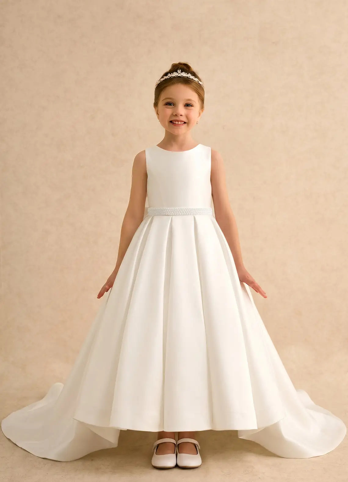 Sleeveless Round V Back Pearl Waist Giant Bow White Satin Train Long Flower Girl Dresses