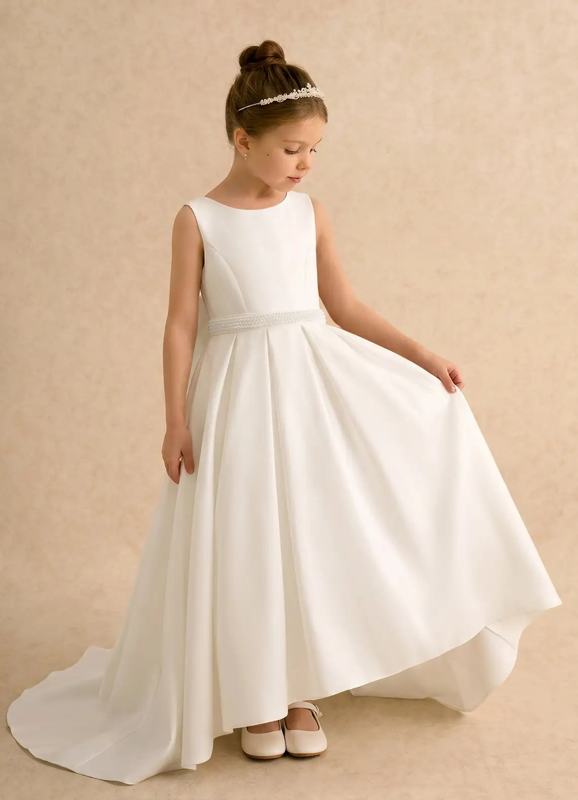 Sleeveless Round V Back Pearl Waist Giant Bow White Satin Train Long Flower Girl Dresses