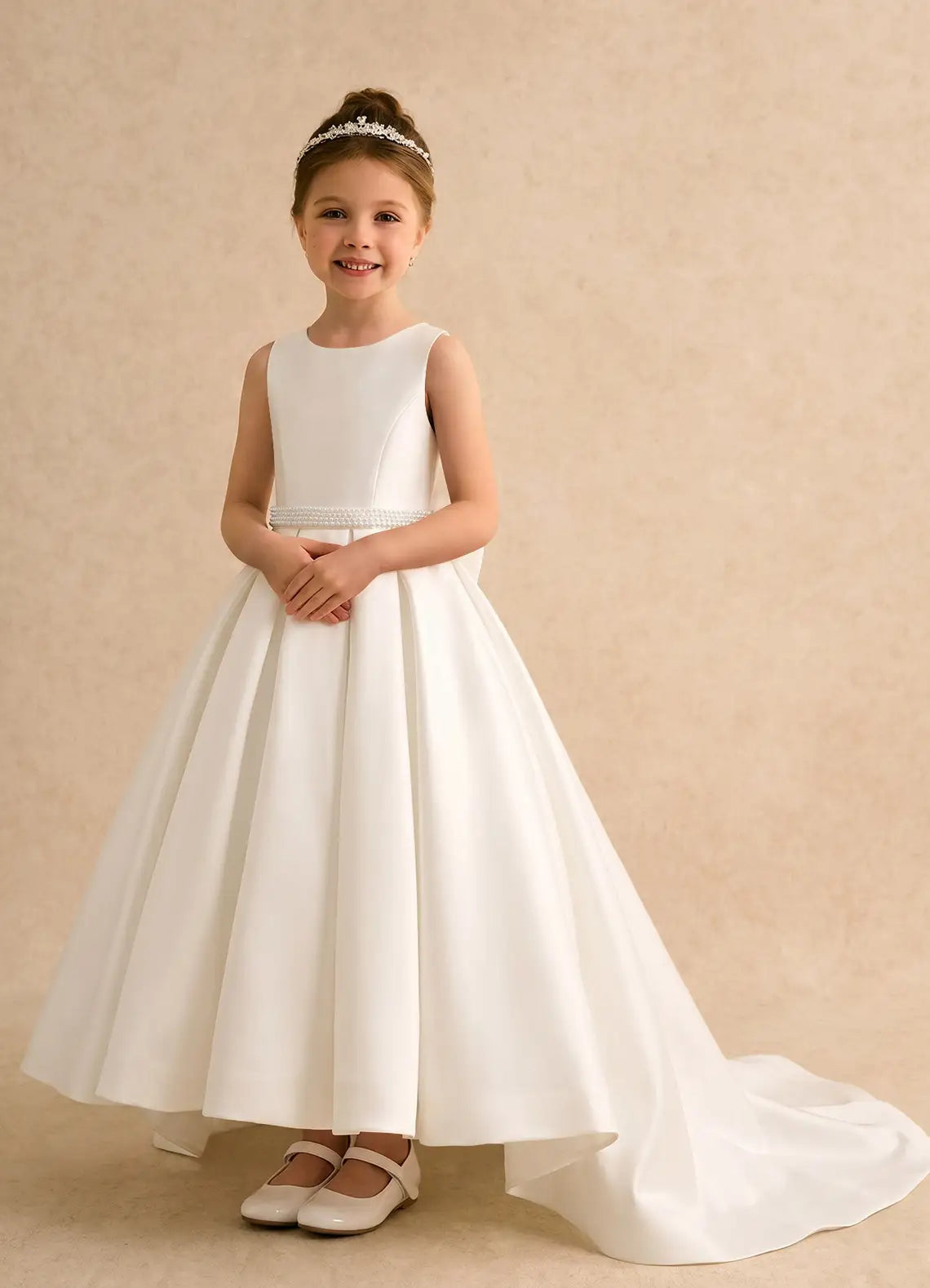 Sleeveless Round V Back Pearl Waist Giant Bow White Satin Train Long Flower Girl Dresses