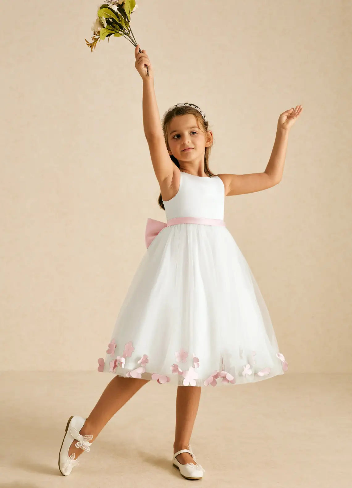 Sleeveless Round V-Back Pink Sash Big Bow 3D Floral Tulle Midi White Flower Girl Dresses