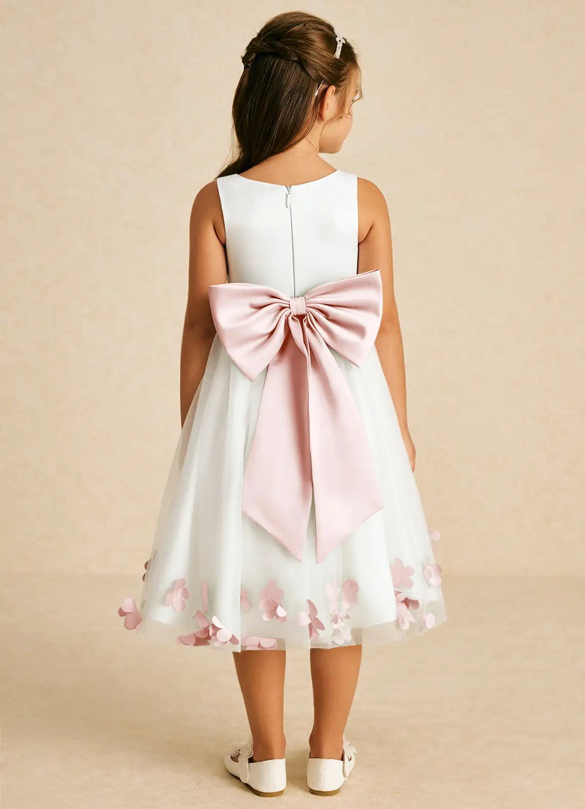 Sleeveless Round V-Back Pink Sash Big Bow 3D Floral Tulle Midi White Flower Girl Dresses