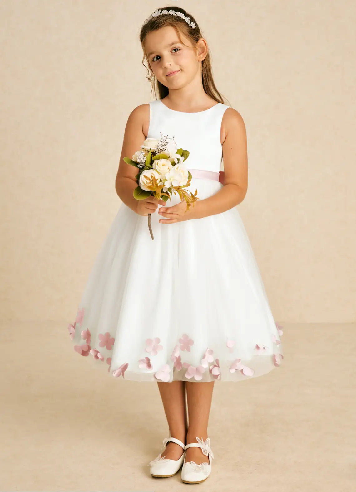 Sleeveless Round V-Back Pink Sash Big Bow 3D Floral Tulle Midi White Flower Girl Dresses