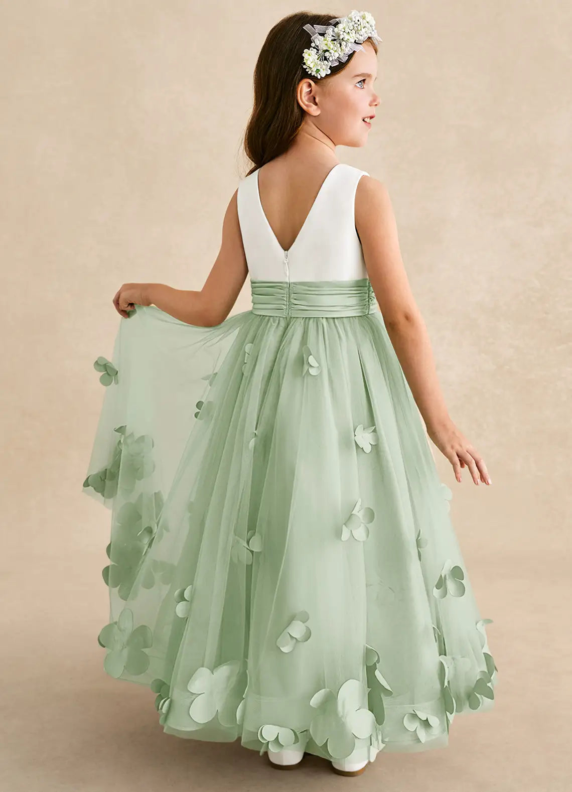 Sleeveless Round V Back Ruched Waist 3D Floral Sage Green Tulle Long Flower Girl Dresses