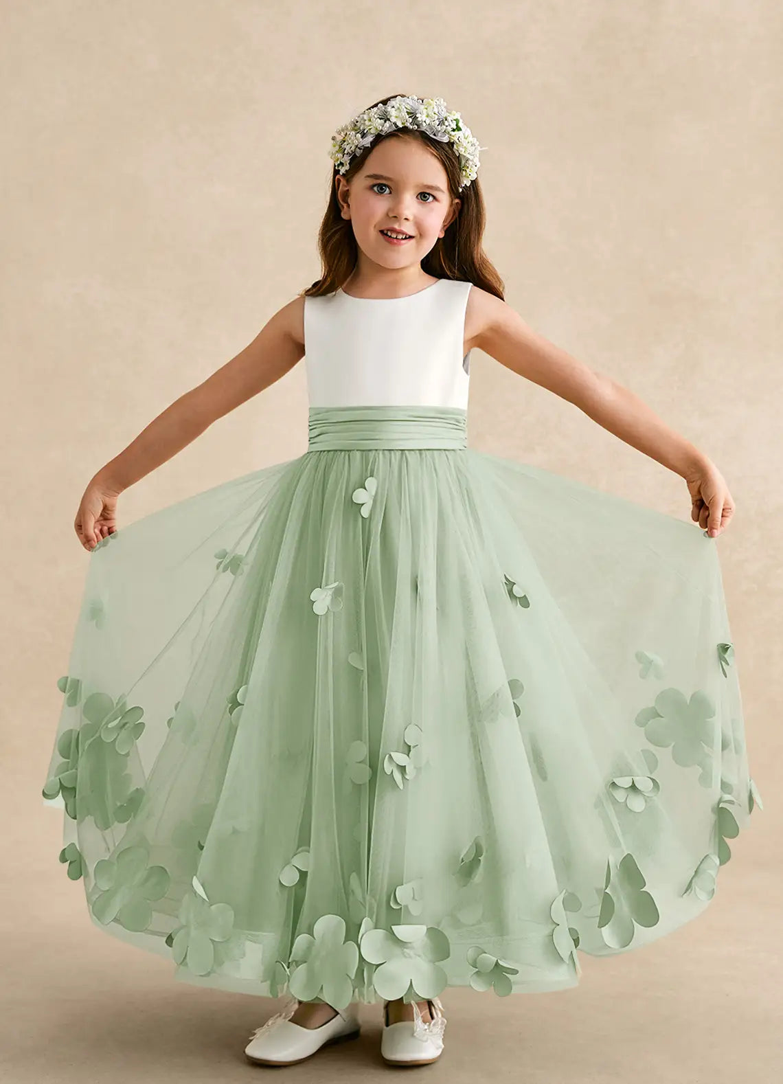 Sleeveless Round V Back Ruched Waist 3D Floral Sage Green Tulle Long Flower Girl Dresses