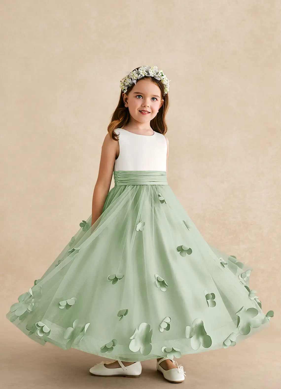 Sleeveless Round V Back Ruched Waist 3D Floral Sage Green Tulle Long Flower Girl Dresses