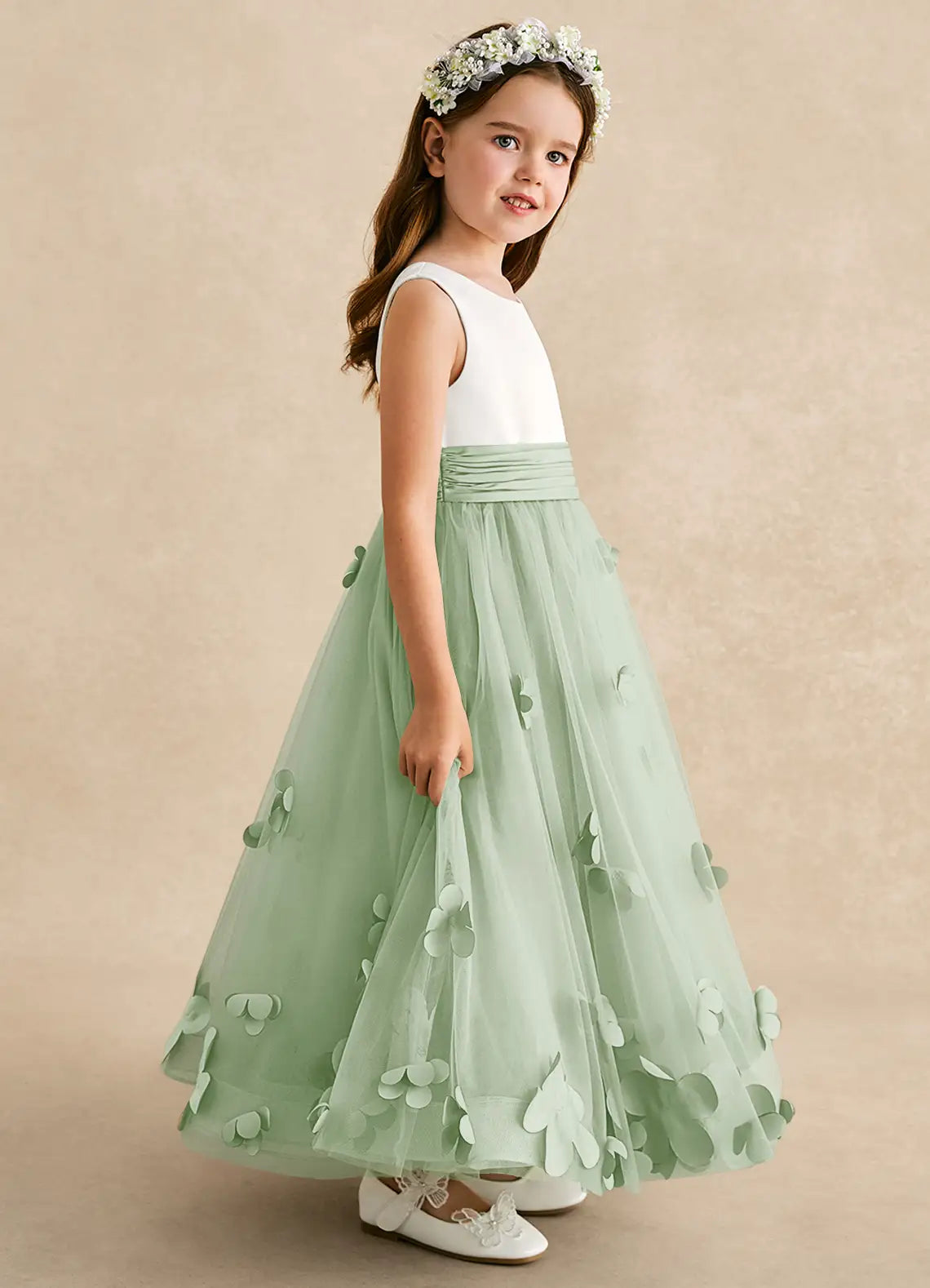 Sleeveless Round V Back Ruched Waist 3D Floral Sage Green Tulle Long Flower Girl Dresses