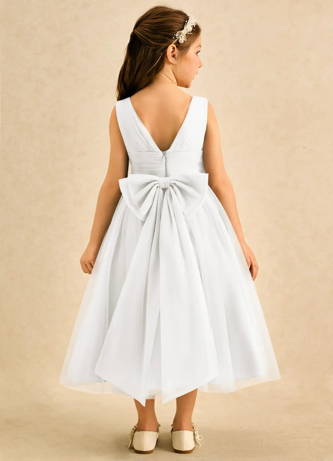 Sleeveless Round V-Back Ruched Waist Giant Satin Bow White Tulle Midi Flower Girl Dresses