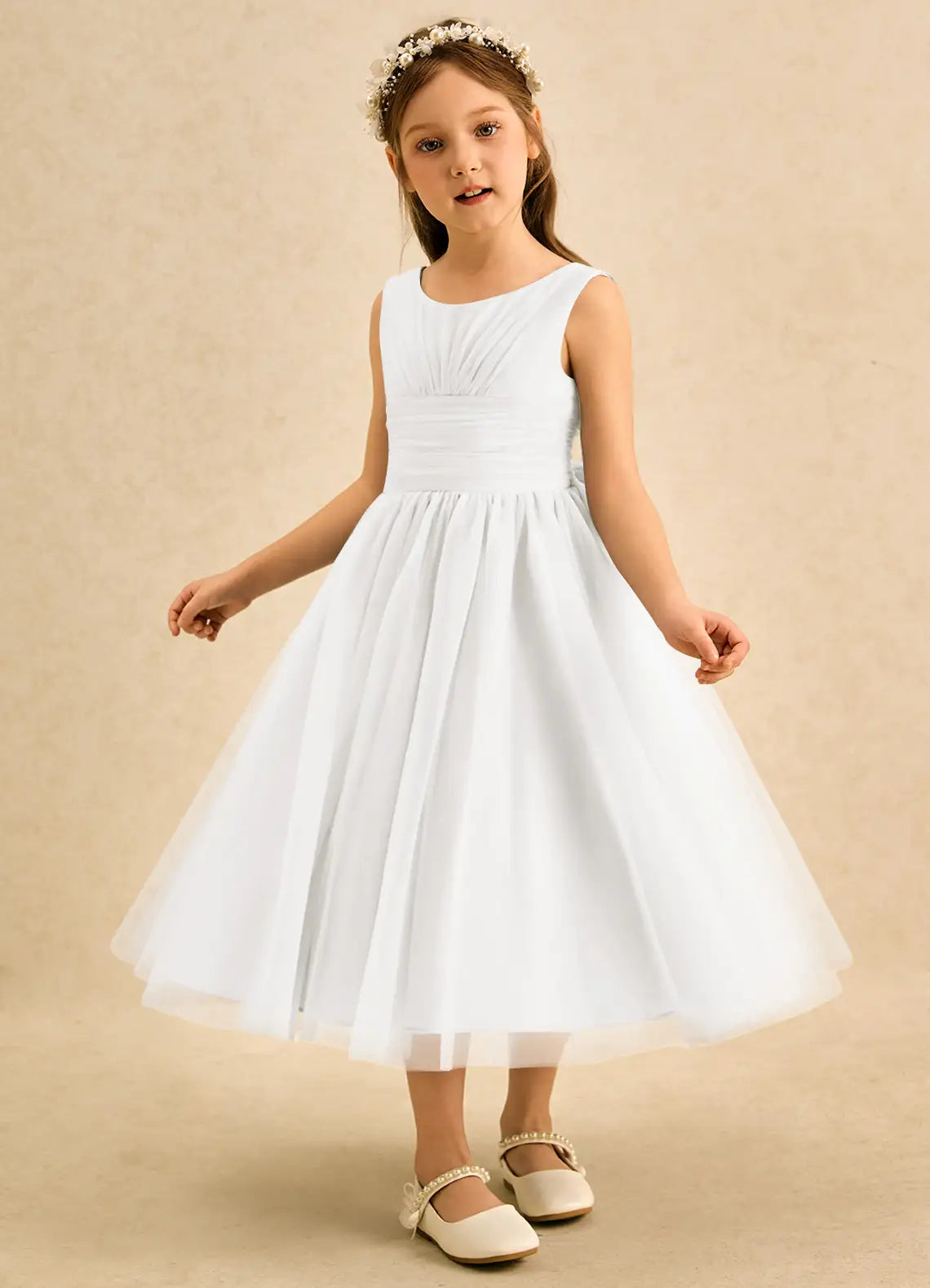 Sleeveless Round V-Back Ruched Waist Giant Satin Bow White Tulle Midi Flower Girl Dresses