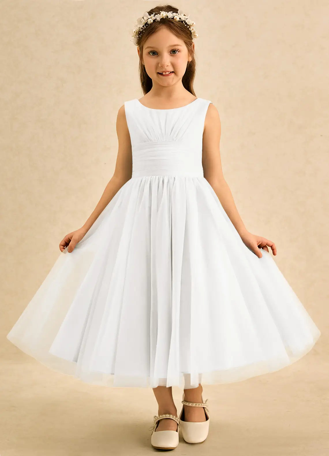 Sleeveless Round V-Back Ruched Waist Giant Satin Bow White Tulle Midi Flower Girl Dresses