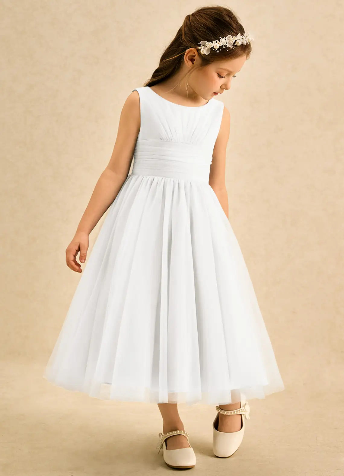 Sleeveless Round V-Back Ruched Waist Giant Satin Bow White Tulle Midi Flower Girl Dresses