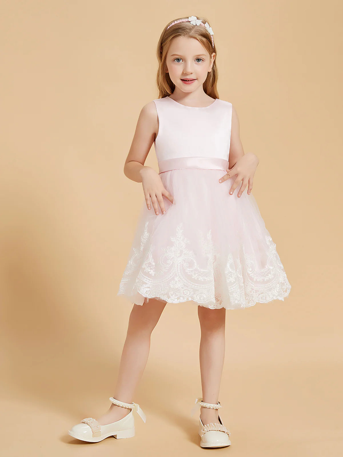 Sleeveless Round V Back Satin Waist Band White Lace Hem Light Pink Tulle Midi Swing Flower Girl Dresses