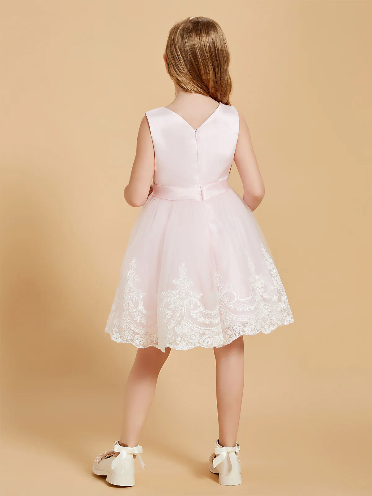 Sleeveless Round V Back Satin Waist Band White Lace Hem Light Pink Tulle Midi Swing Flower Girl Dresses
