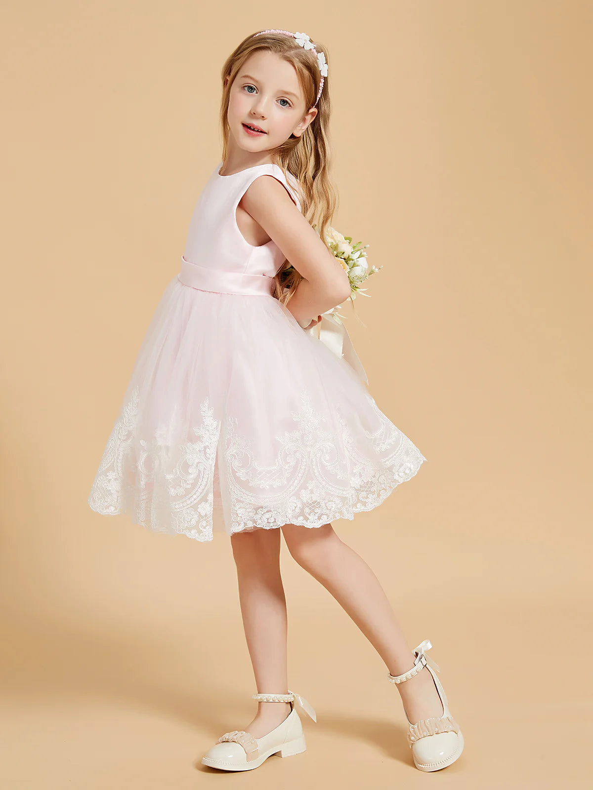 Sleeveless Round V Back Satin Waist Band White Lace Hem Light Pink Tulle Midi Swing Flower Girl Dresses