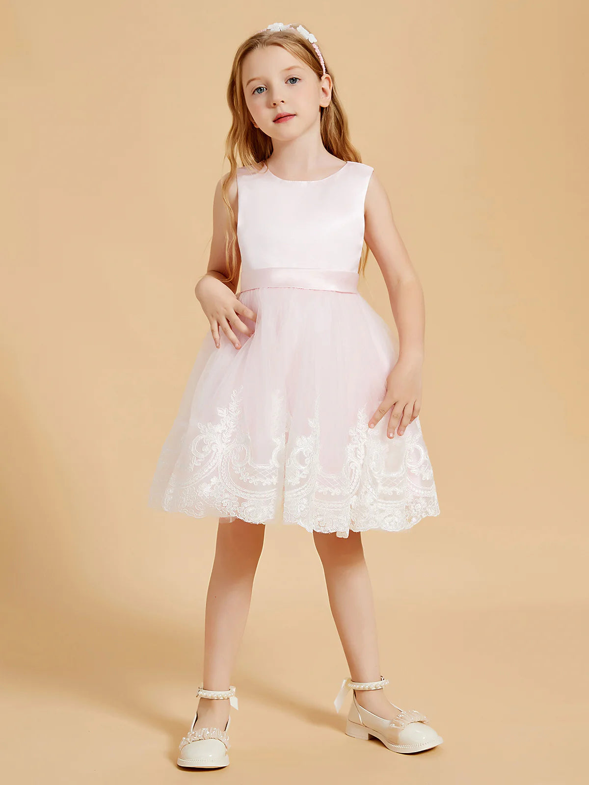 Sleeveless Round V Back Satin Waist Band White Lace Hem Light Pink Tulle Midi Swing Flower Girl Dresses