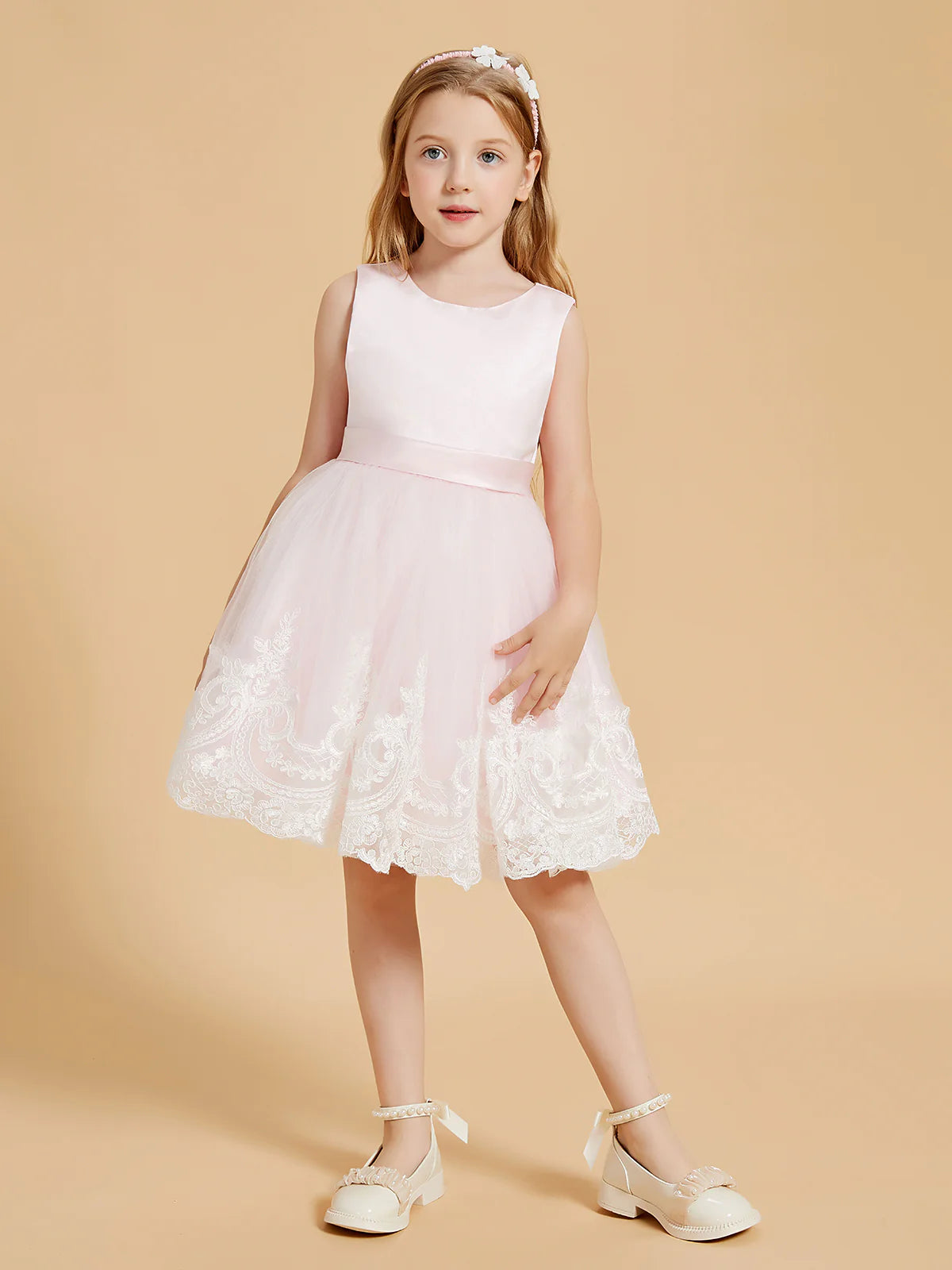Sleeveless Round V Back Satin Waist Band White Lace Hem Light Pink Tulle Midi Swing Flower Girl Dresses