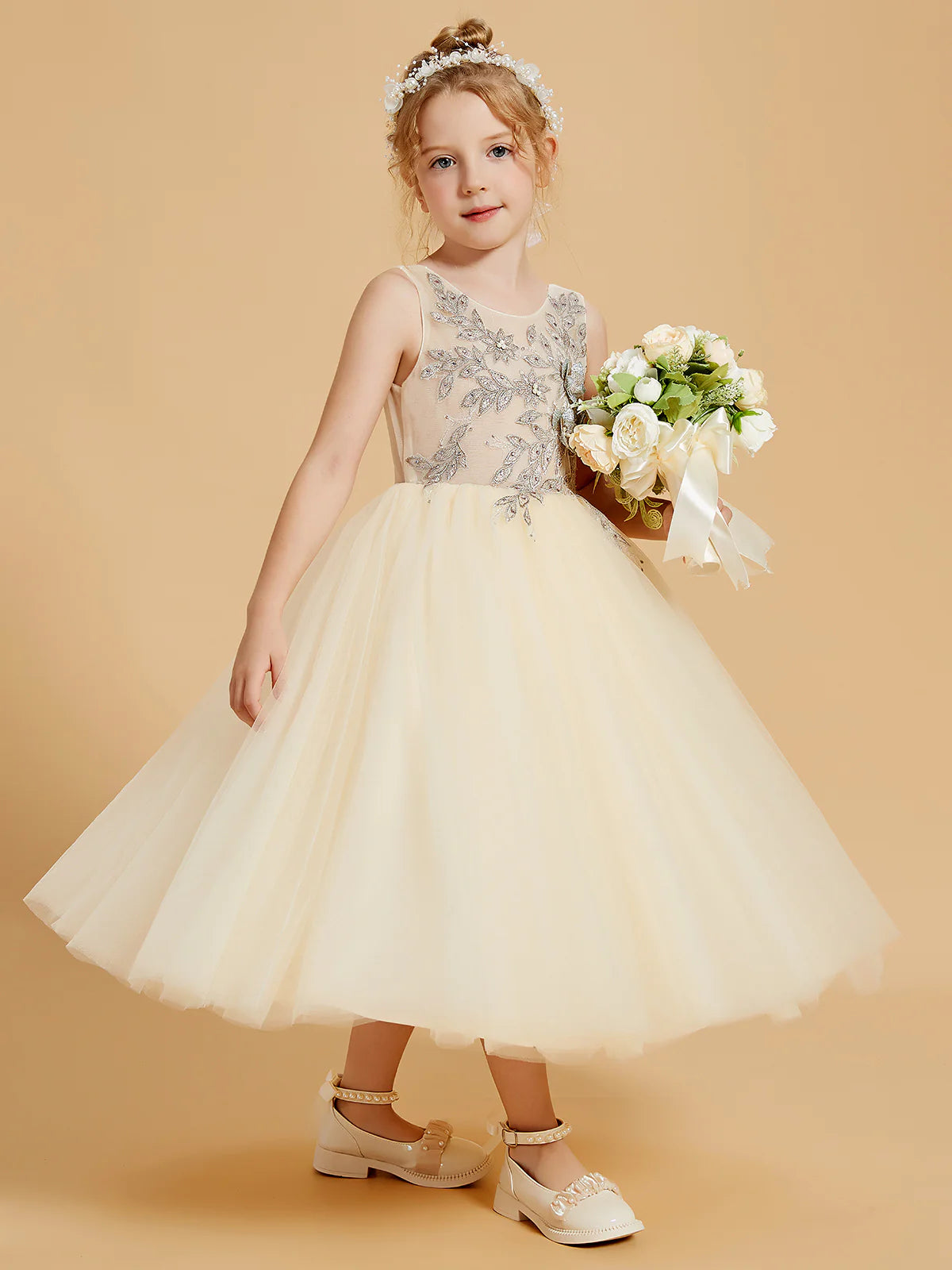 Sleeveless Round V Back Silver Beaded Floral Champagne Tulle Midi Swing Flower Girl Dresses