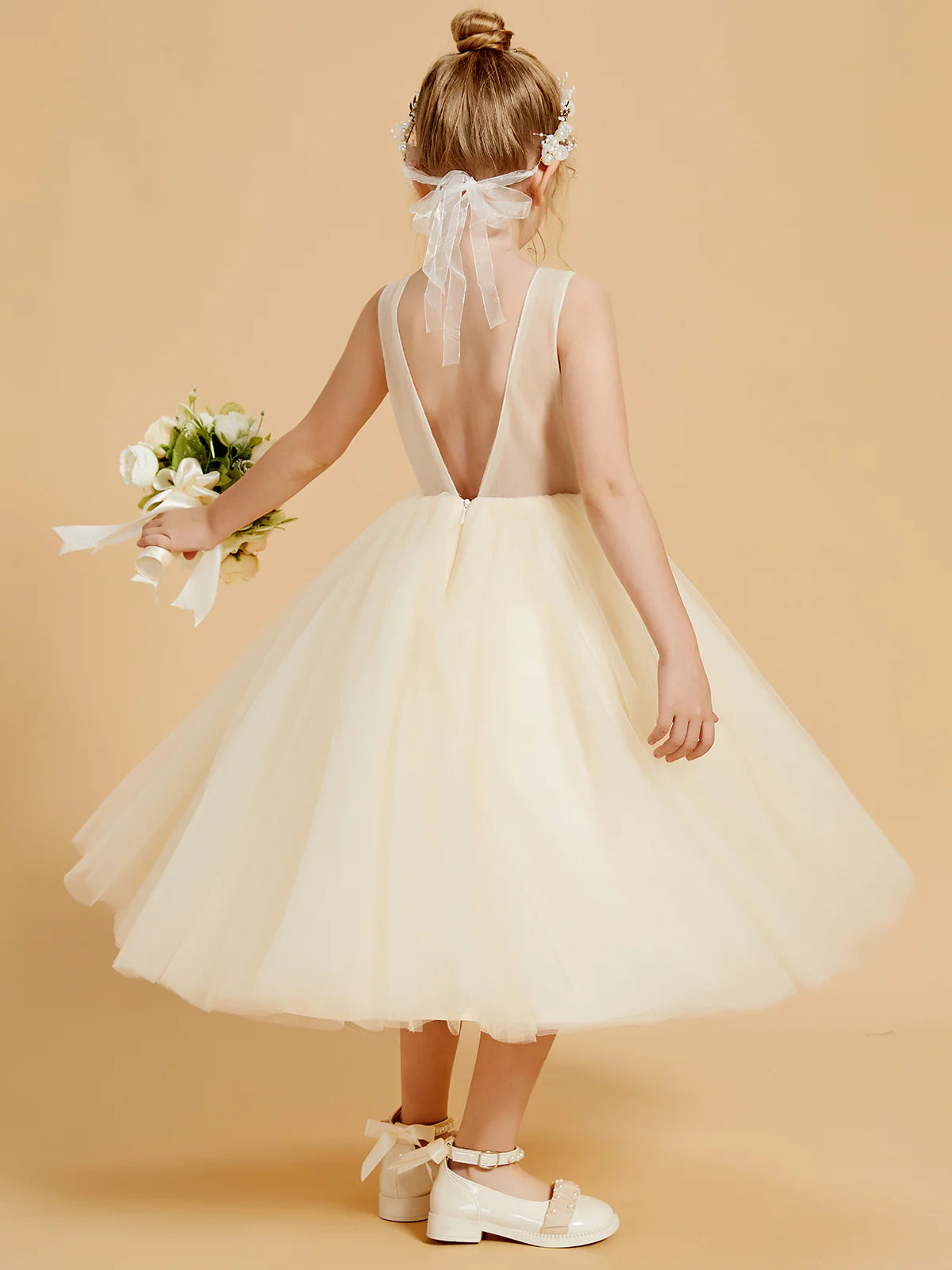 Sleeveless Round V Back Silver Beaded Floral Champagne Tulle Midi Swing Flower Girl Dresses