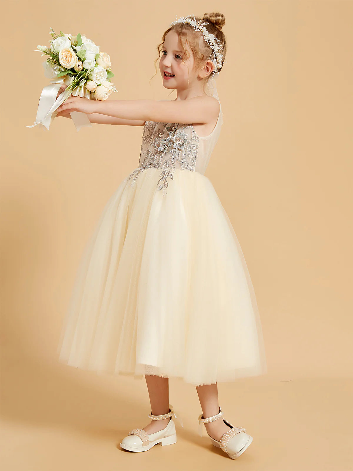 Sleeveless Round V Back Silver Beaded Floral Champagne Tulle Midi Swing Flower Girl Dresses