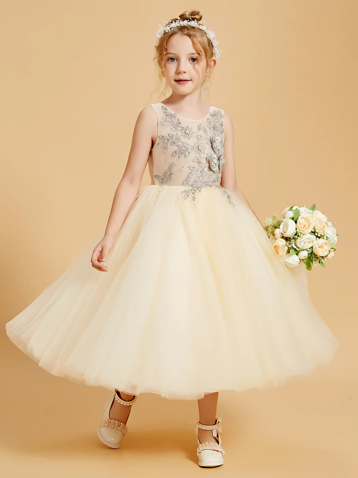 Sleeveless Round V Back Silver Beaded Floral Champagne Tulle Midi Swing Flower Girl Dresses