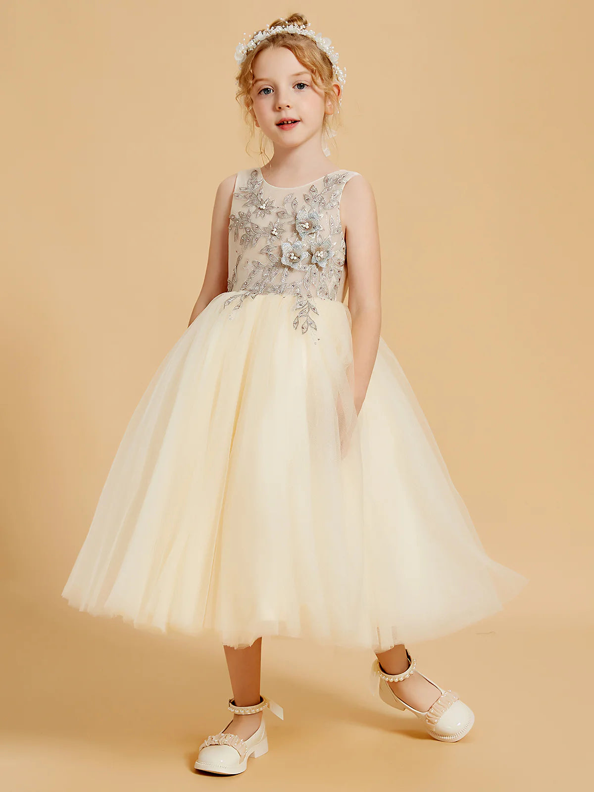 Sleeveless Round V Back Silver Beaded Floral Champagne Tulle Midi Swing Flower Girl Dresses