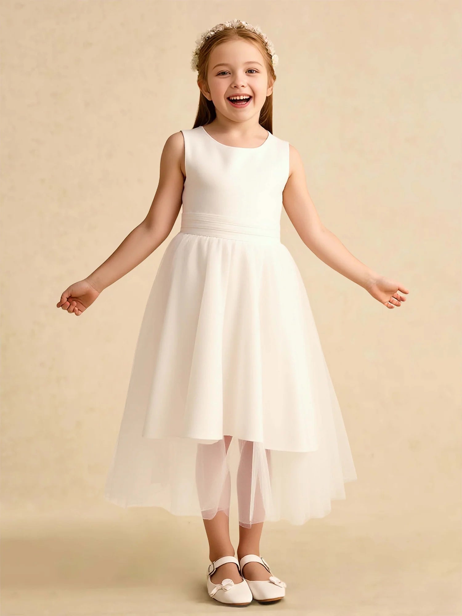 Sleeveless Round V Back Wide Waist Sash Big Bow White Irregular Hem Midi Flower Girl Dresses