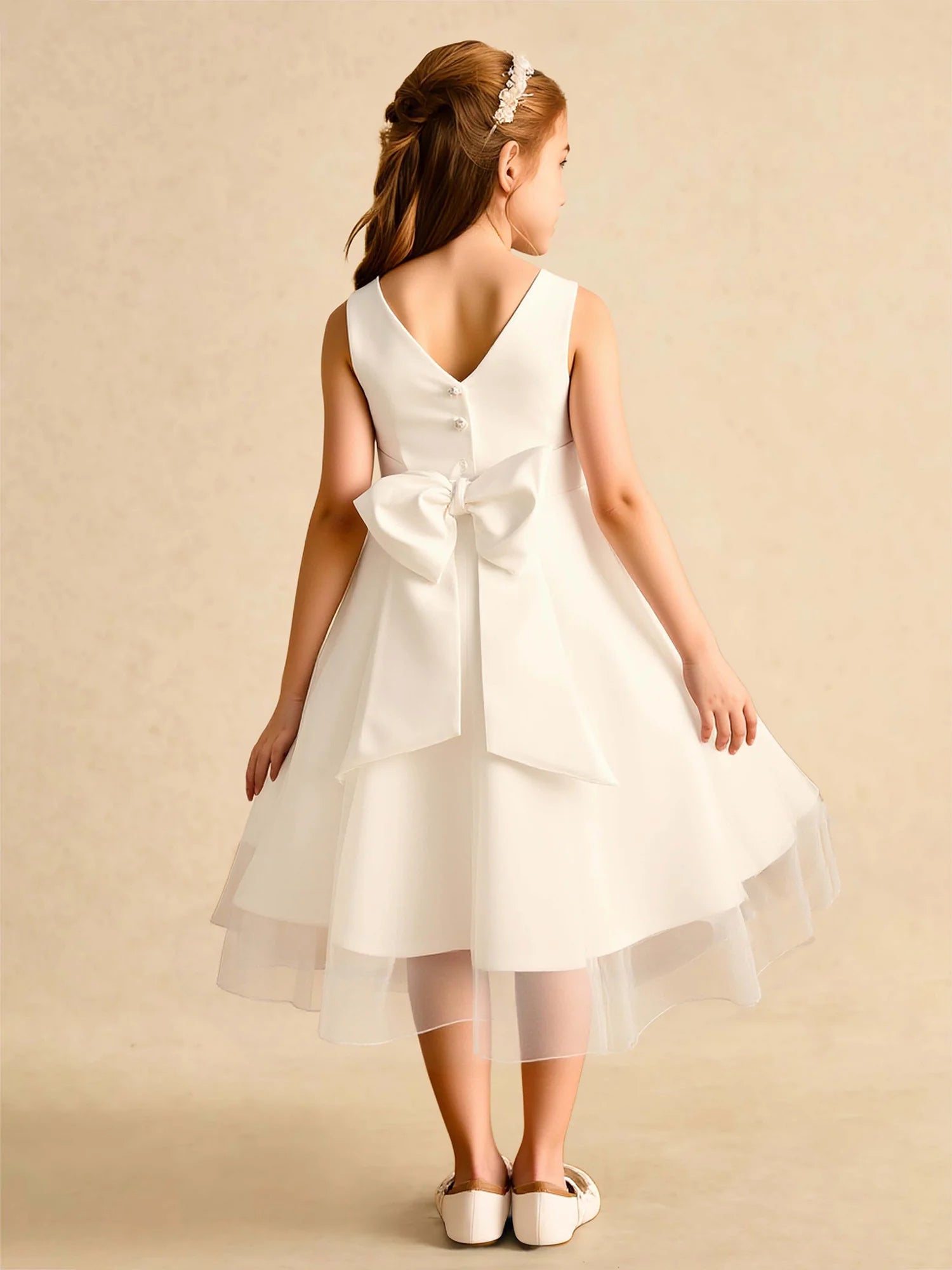 Sleeveless Round V Back Wide Waist Sash Big Bow White Irregular Hem Midi Flower Girl Dresses
