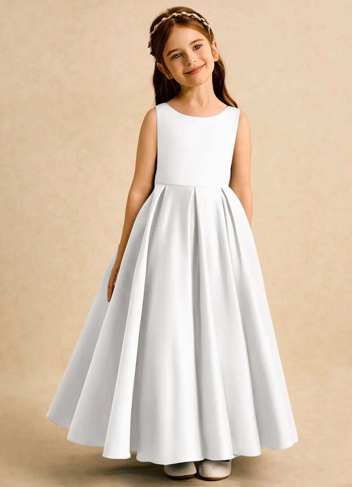 Sleeveless Round V-Cut Back Self-Tie Bow White Satin Full Length Flower Girl Dresses