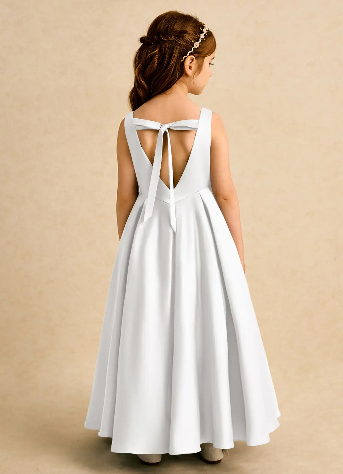 Sleeveless Round V-Cut Back Self-Tie Bow White Satin Full Length Flower Girl Dresses