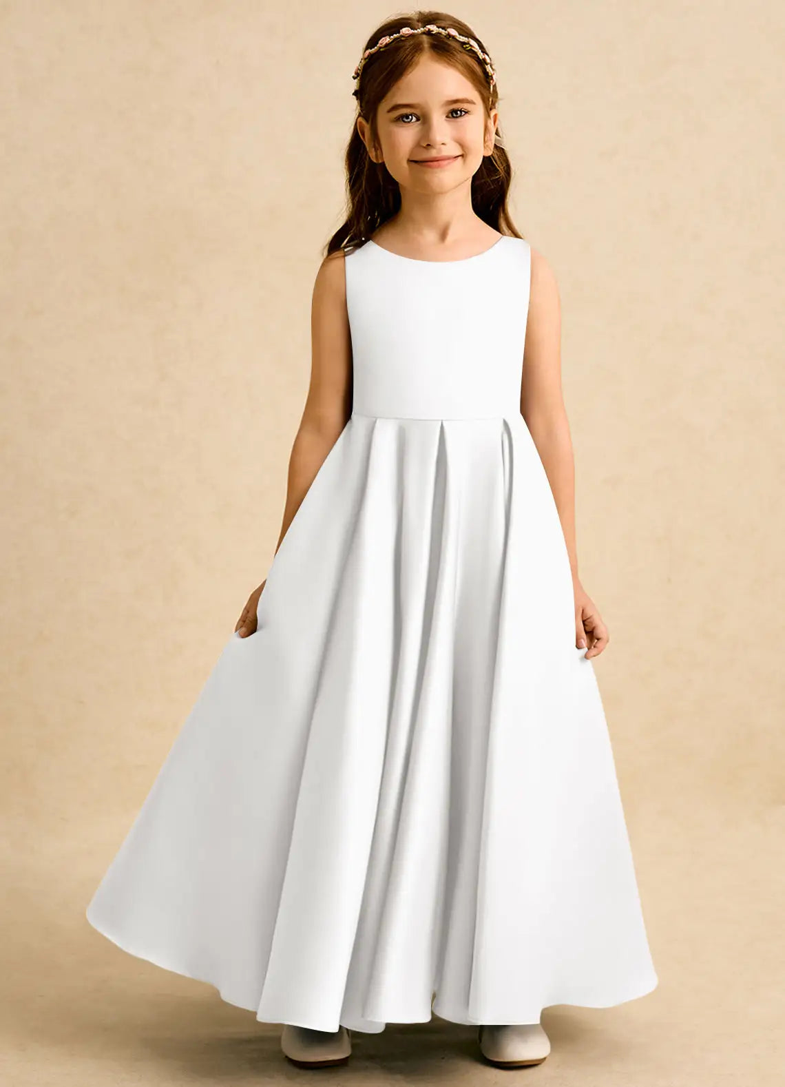 Sleeveless Round V-Cut Back Self-Tie Bow White Satin Full Length Flower Girl Dresses