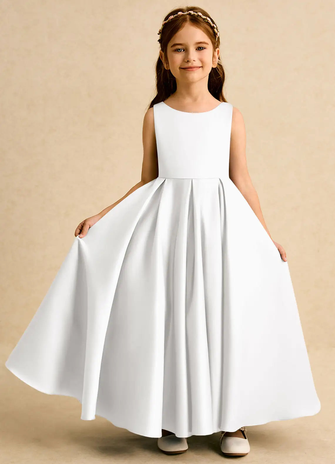 Sleeveless Round V-Cut Back Self-Tie Bow White Satin Full Length Flower Girl Dresses