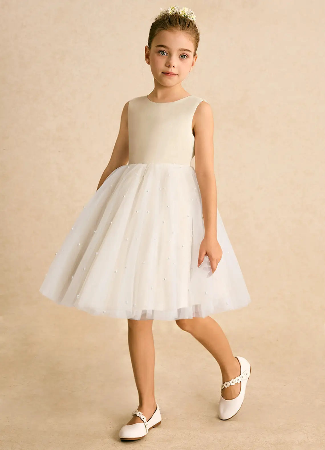 Sleeveless Round V Back Giant Champagne Satin Bow Pearl Dotted White Tulle Knee-Length Flower Girl Dresses