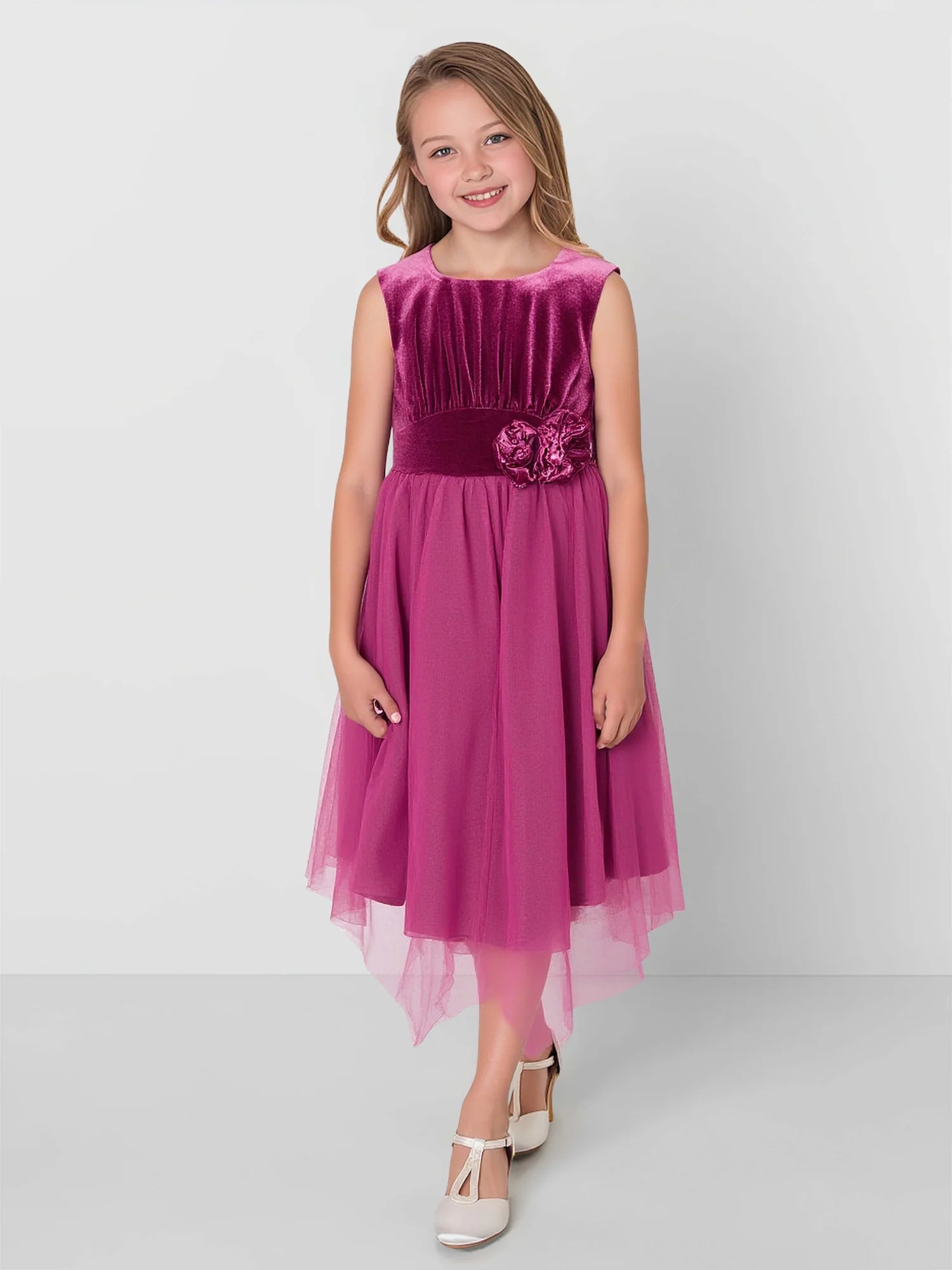 Sleeveless Round Velvet Waist Floral Irregular Tulle Midi Magenta Flower Girl Dresses