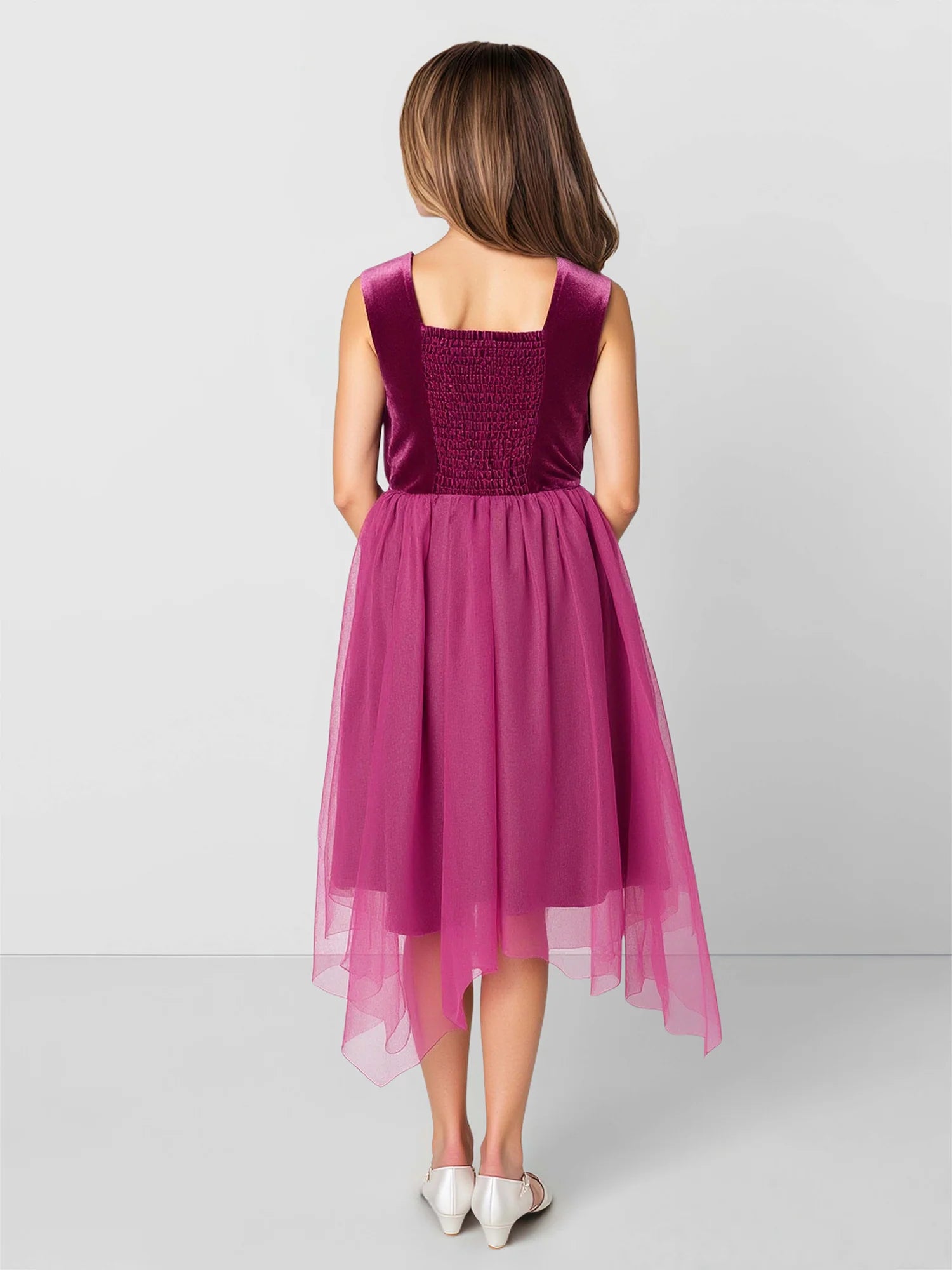 Sleeveless Round Velvet Waist Floral Irregular Tulle Midi Magenta Flower Girl Dresses