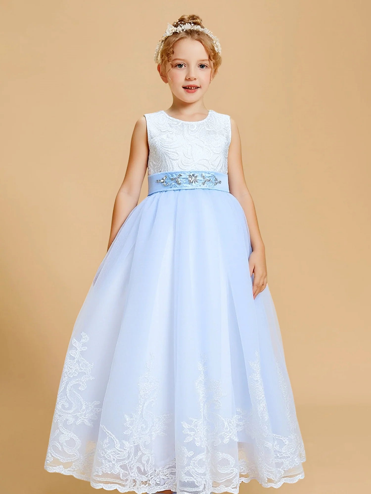 Sleeveless Round White Lace Bodice Blue Rhinestone Sash Triple Satin Bow Lace Hem Light Blue Tulle Maxi Flower Girl Dresses