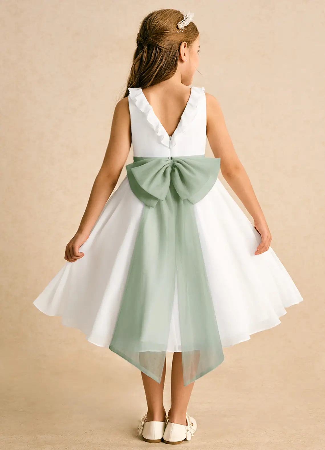 Sleeveless Ruffle Neck V Back Sage Sash Big Bow White Chiffon Knee-Length Flower Girl Dresses