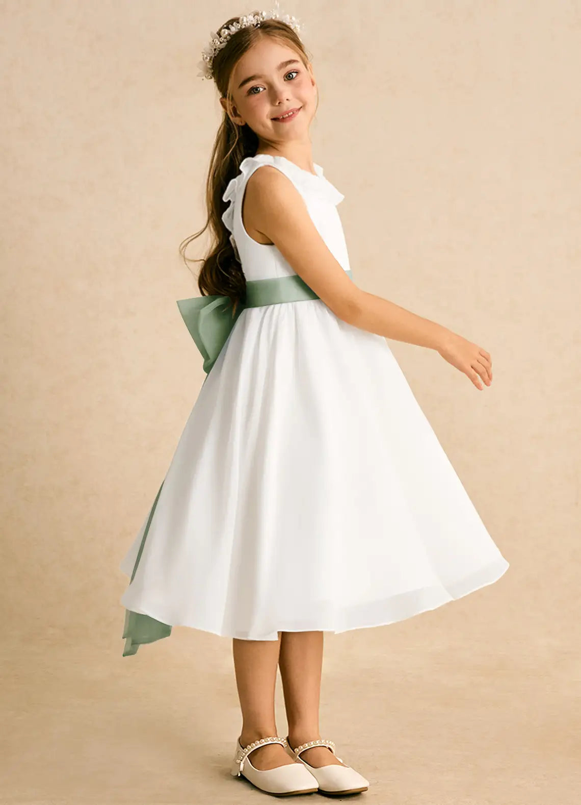 Sleeveless Ruffle Neck V Back Sage Sash Big Bow White Chiffon Knee-Length Flower Girl Dresses