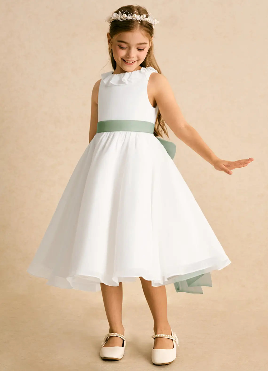 Sleeveless Ruffle Neck V Back Sage Sash Big Bow White Chiffon Knee-Length Flower Girl Dresses